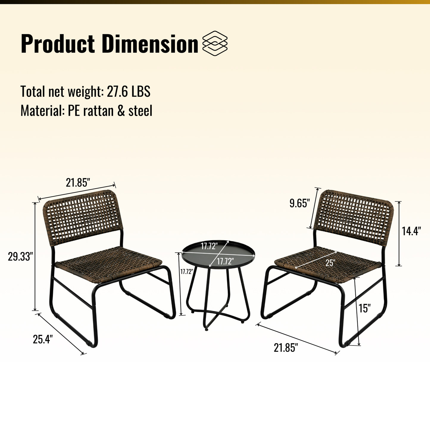 Patio Furniture Set 3 Piece Mixture Pattern PE Rattan Steel Frame And Modern Round Table, Brown and Black