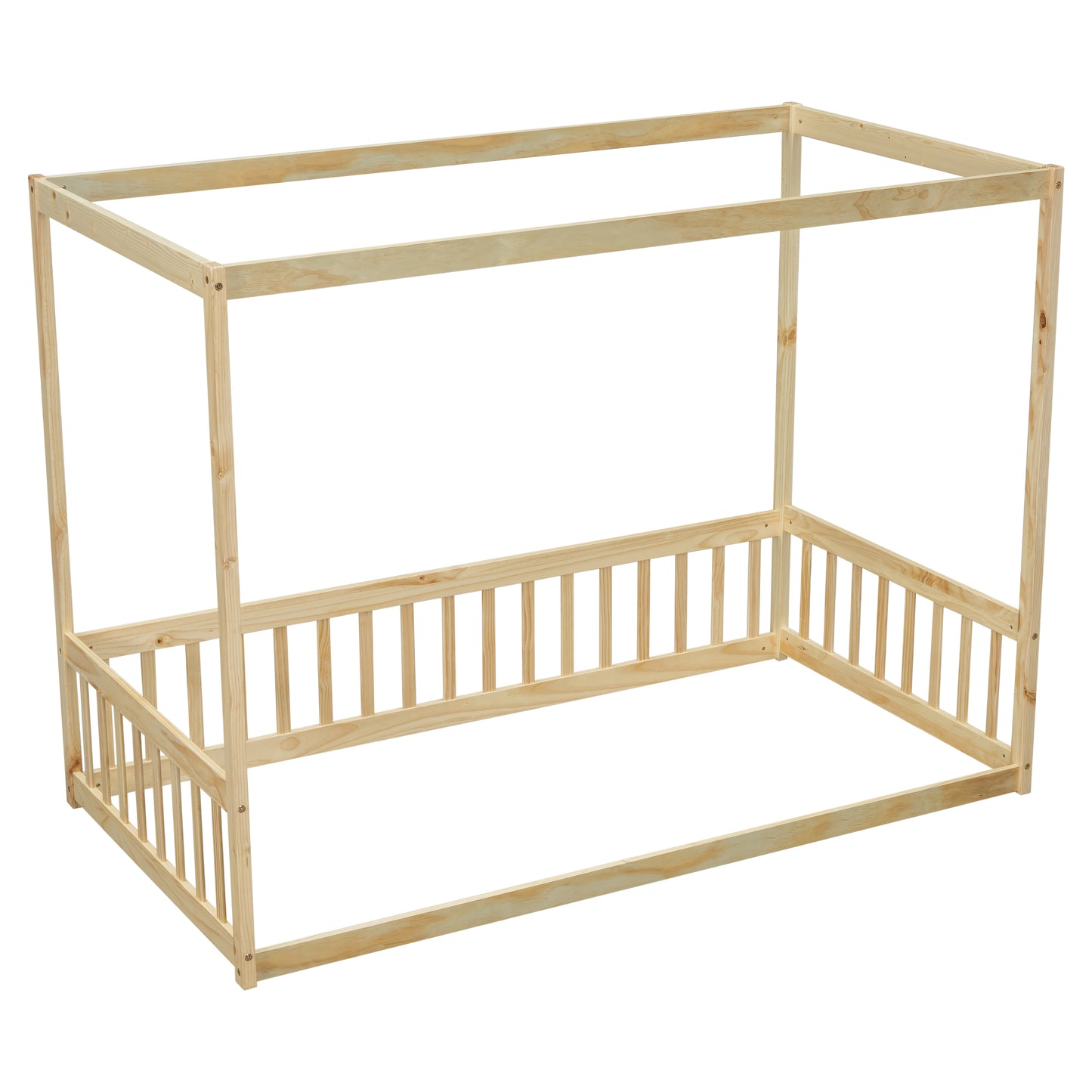 Twin Size Canopy Frame Floor Bed with Fence, Guardrails,Natural