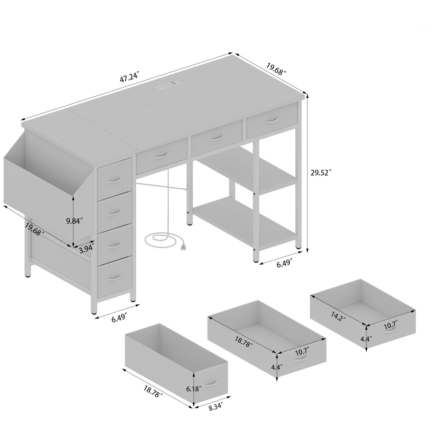 47" Computer Desk With Power Outlet,Writing Desk with 7 Fabric Drawers,Vanity table Drawers and Large Side Pocket,Rustic Brown