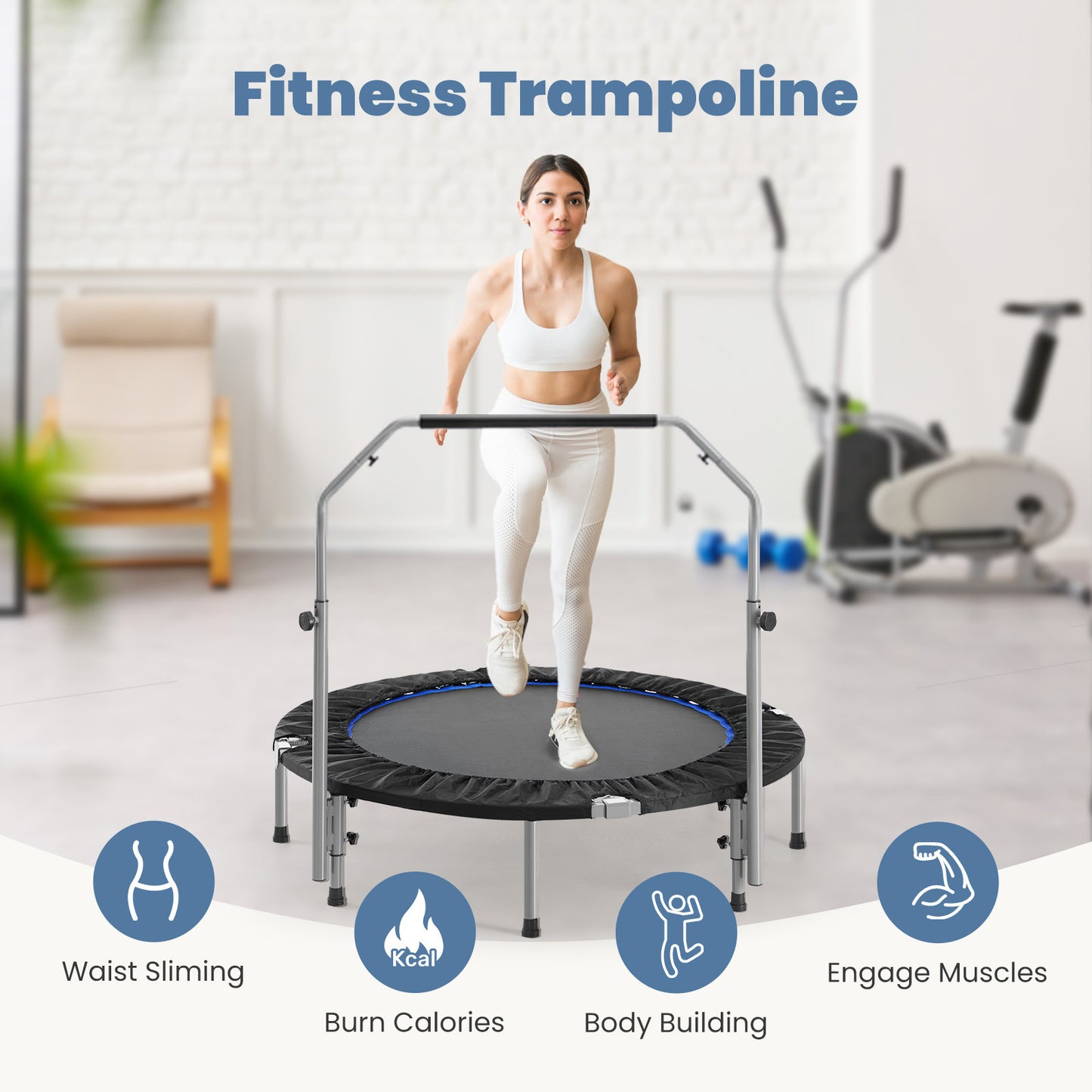 40" Foldable Mini Trampoline for Adults, Trampoline for Adults with Adjustable Bar