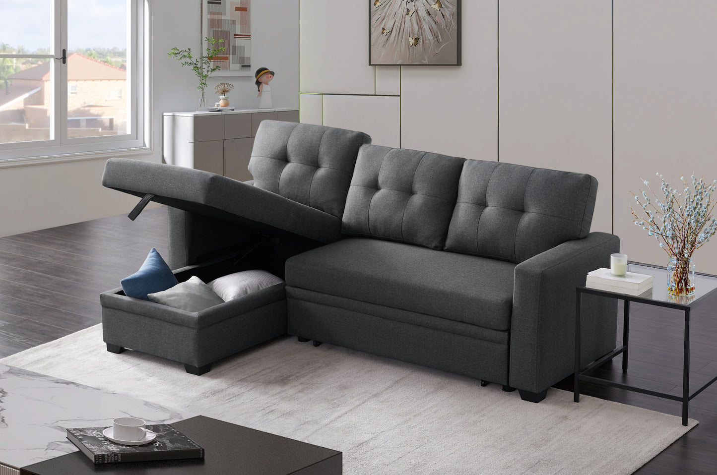 [SantaChoice] Upholstered Pull out Sectional Sofa with Chaise