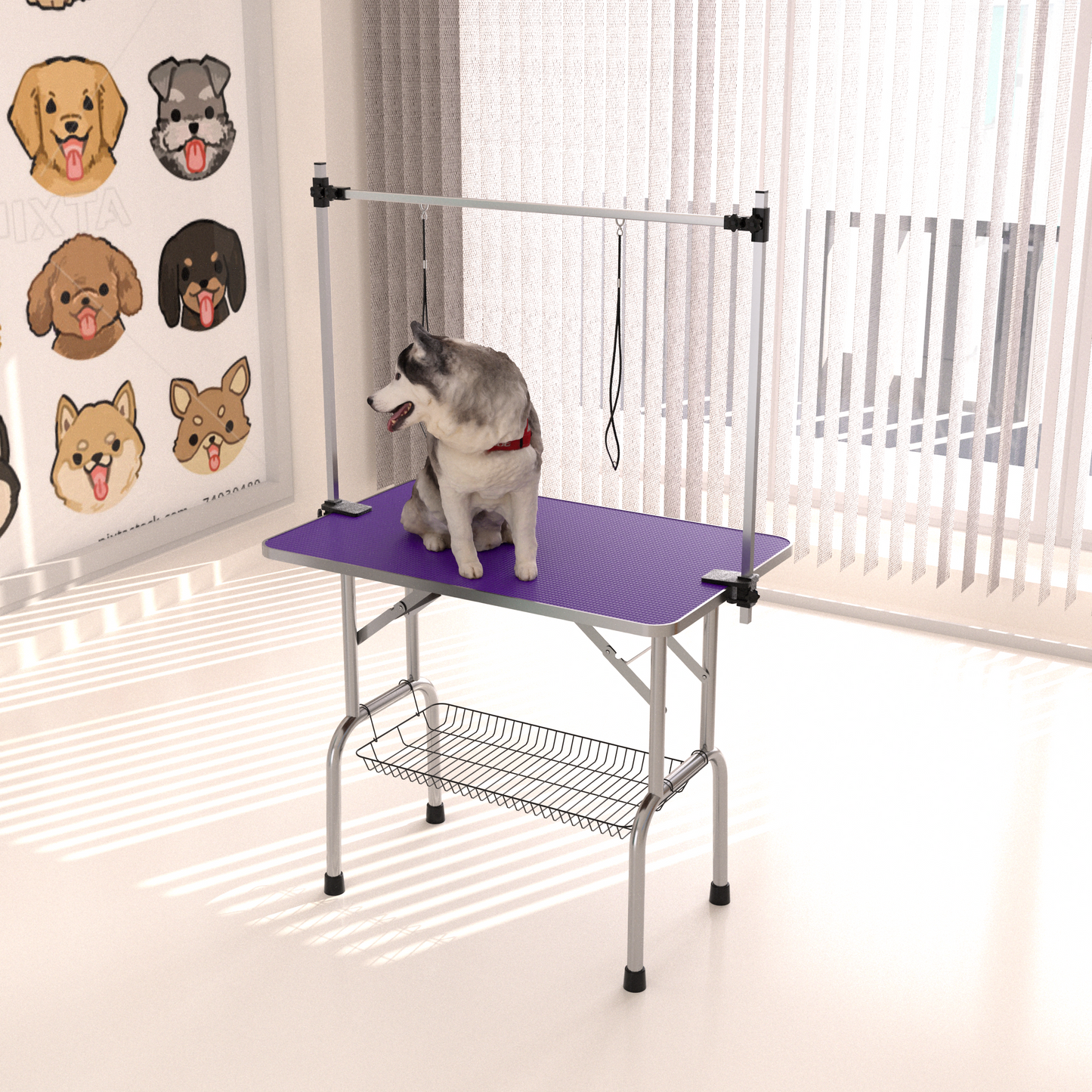 46" Folding Dog Pet Grooming Table Stainless Steel Frame Rubber Mat on Board with Adjustable Arm and Clamps pet dog Cat Grooming Table (PURPLE COLOR)