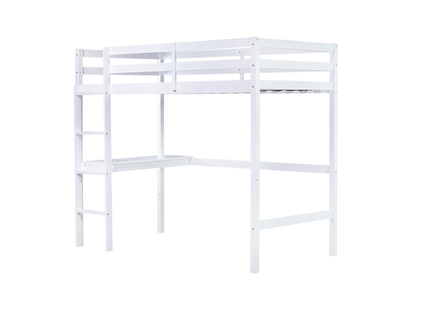 Twin High Loft Bed, Rubber Wood  Loft Bed with Safety Guardrail, built-in desk, ladder,White