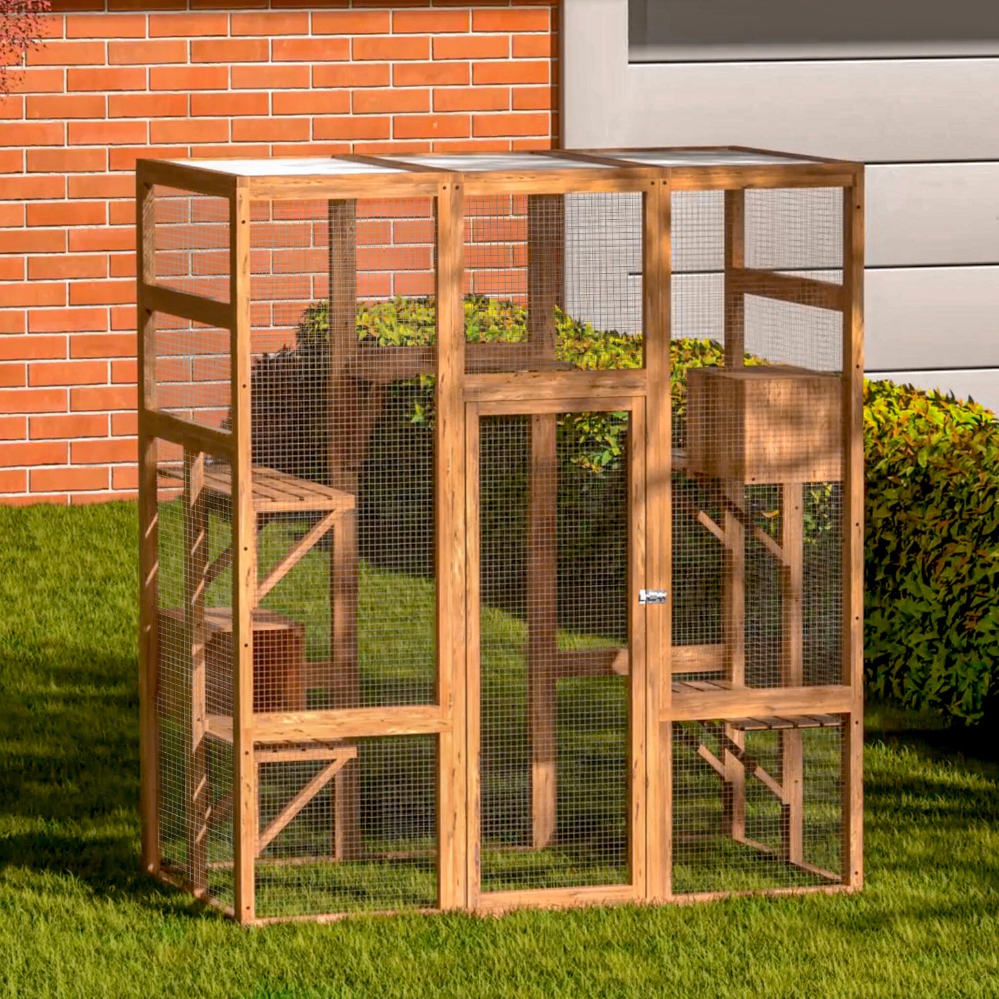 Outdoor Cat Enclosure, Large Wood Cat Cage with Sunlight Top Panel, Perches, Sleeping Boxes, Pet Playpen, Orange