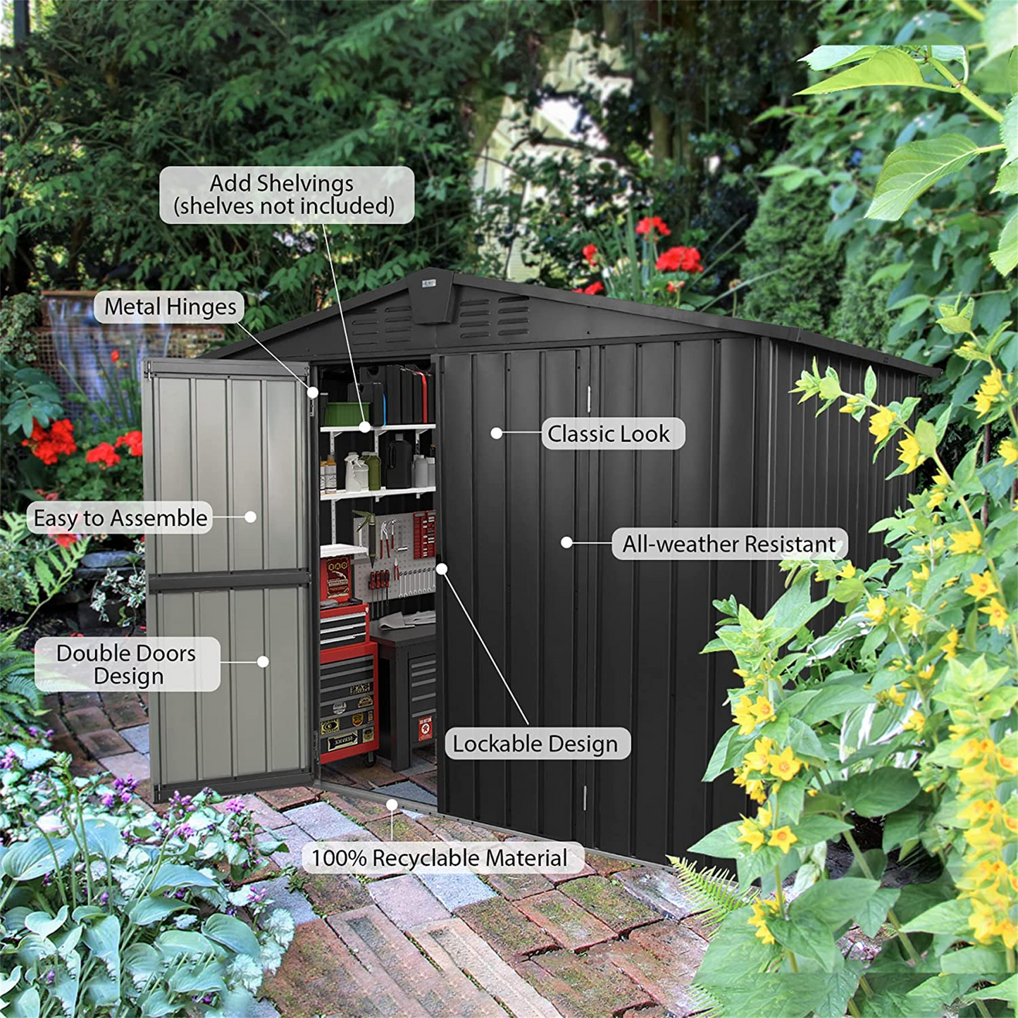 Outdoor Storage Shed 8.2'x 6.2', Metal Garden Shed for Bike, Trash Can, Galvanized Steel Outdoor Storage Cabinet with Lockable Door for Backyard, Patio, Lawn (8.2x6.2ft, Black)