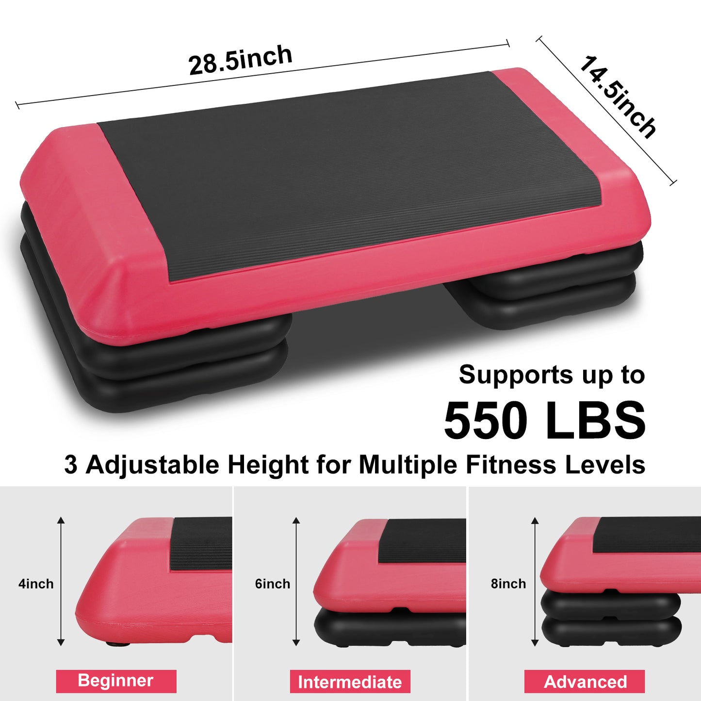 The Red Aerobic Step Platform with 4 Risers Adjustable, Health Club Size Steppers for Exercise with risers for adjustable Home Workout, stair stepper for exercise and home gym