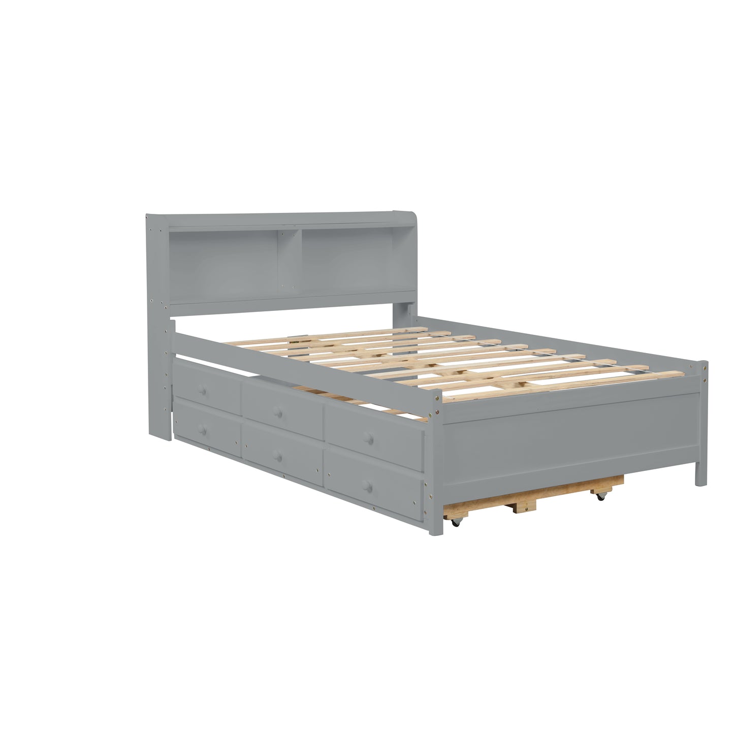 Full Bed with Bookcase,Twin Trundle,Drawers,Grey