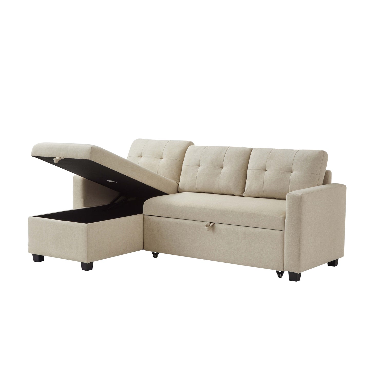 [SantaChoice] Upholstered Pull Out Sectional Sofa with Storage Chaise, Convertible Corner Couch, Beige