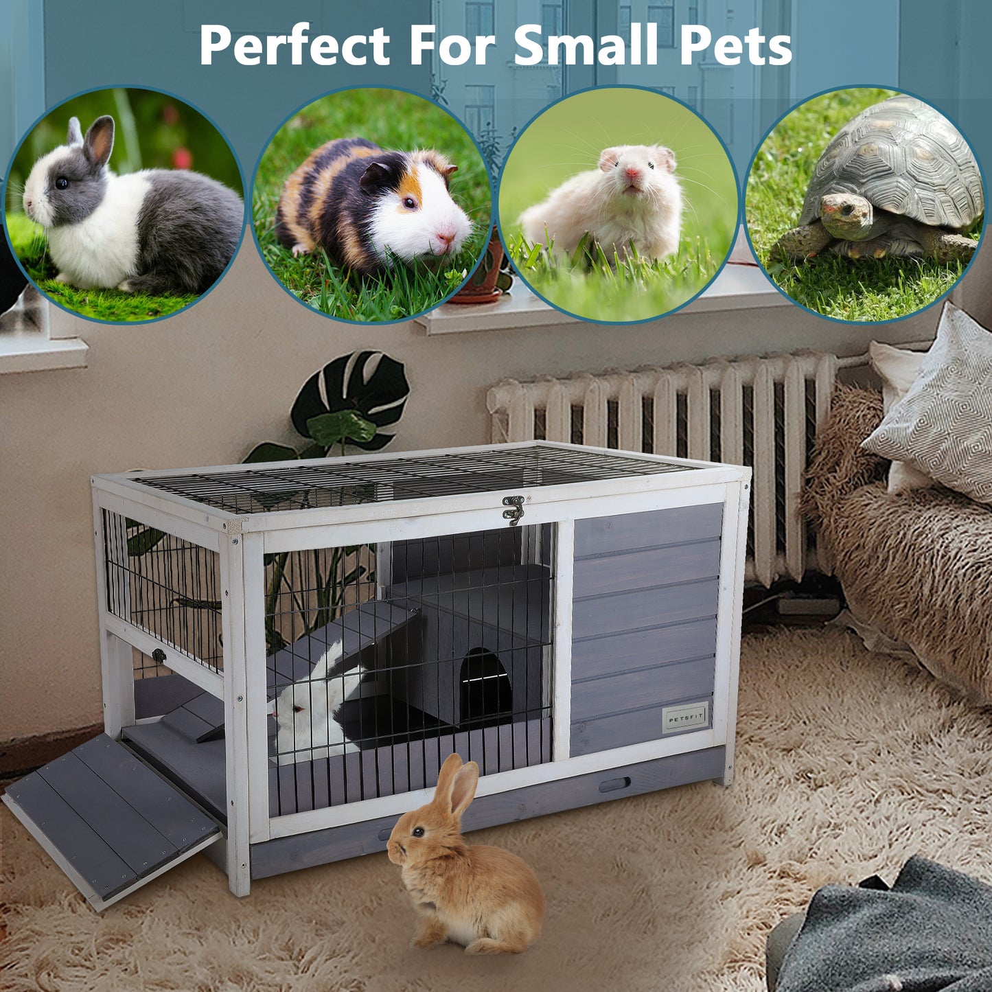 Wooden Rabbit Hutch Indoor Bunny House for Small Animals with Put Out Tray