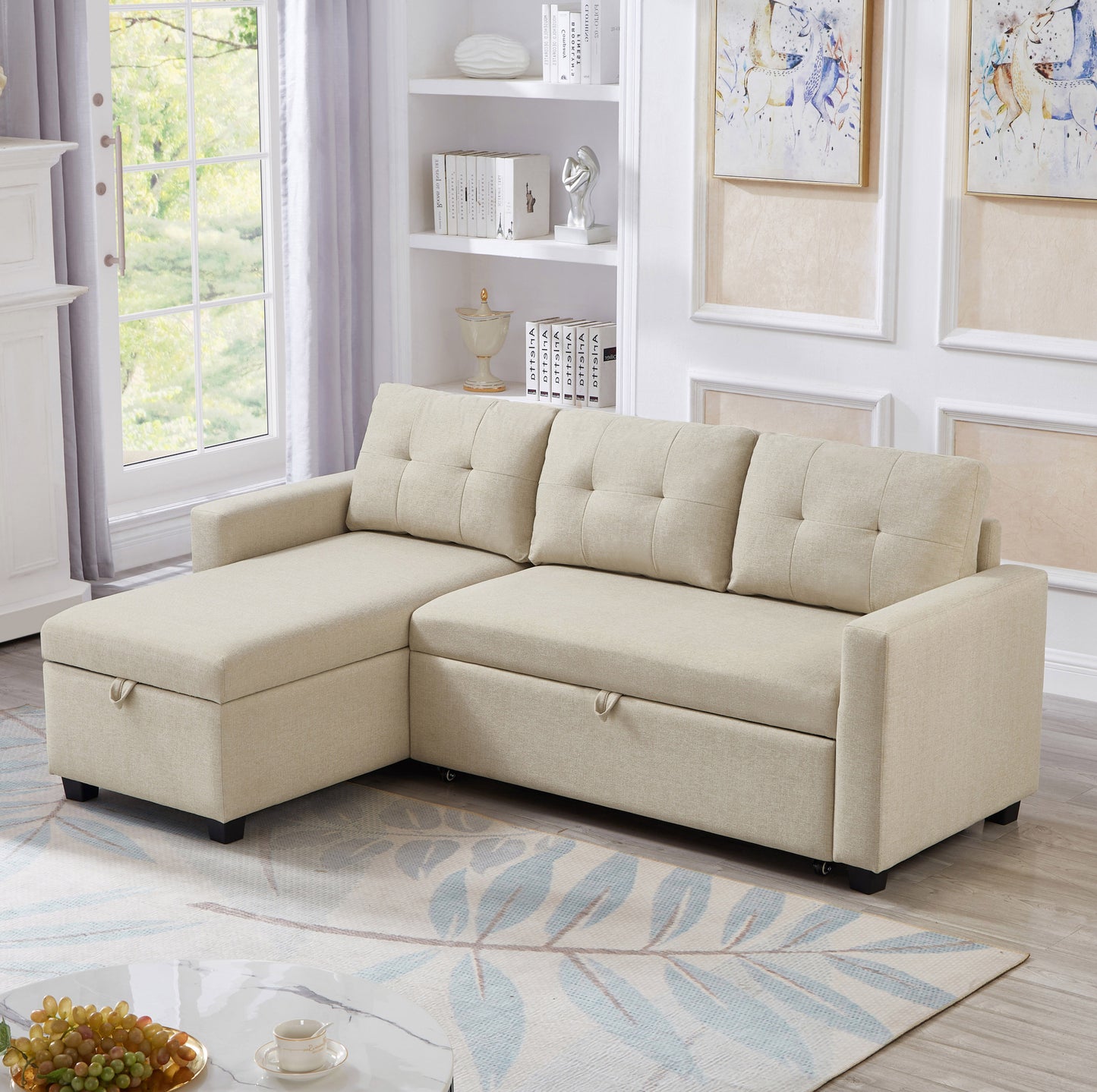 [SantaChoice] Upholstered Pull Out Sectional Sofa with Storage Chaise, Convertible Corner Couch, Beige