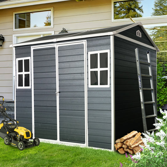 8 x 6ft  Resin Outdoor Storage Shed Waterproof Shed with Floor & Two Windows & Lockable Door, Tool Shed for Garden, Patio, Backyard ,Black