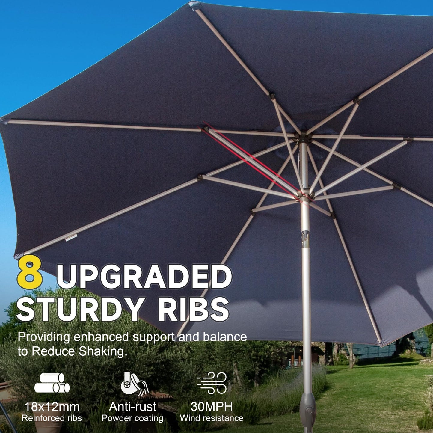 [SantaChoice] 9FT Patio Umbrella, Outdoor Table Umbrella with Push Button Tilt and Crank, UV Protection Waterproof Market Sun Umbrella with 8 Sturdy Ribs for Garden, Deck, Backyard, Pool (Navy Blue)