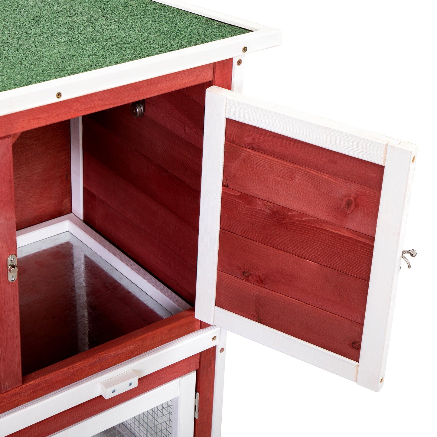 Wood Rabbit Hutch, Pet Playpen with 2 Stories, Ramp, Doors, Pull-out Tray, Water Bottle, Outdoor Enclosure for Small Animals Bunnies, Red and White