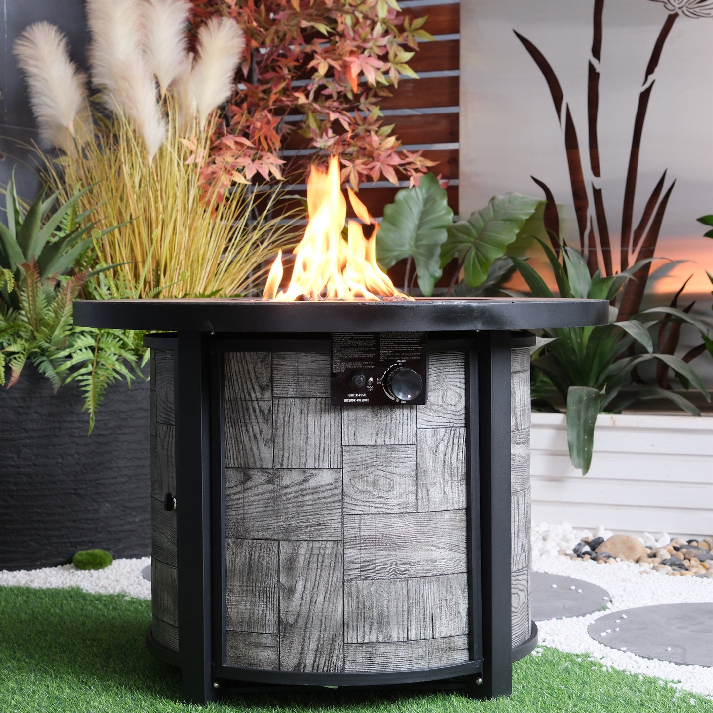 Outdoor Propane Fire Pit, Square Stonecrest Gas Fire Pit for Outside Patio, Concrete Propane Fire Table 50,000 BTU Gas Fire Pit w Lava Rocks, Waterproof Cover