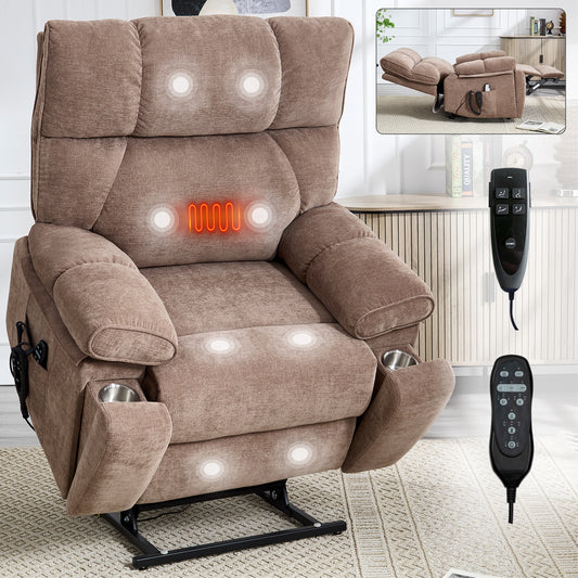 Brown Heat Massage Dual Motor Infinite Position Up to 350 LBS Large Electric Power Lift Recliners with Hidden Cup Holders, Power-Remote, Medium-firm and Heavy Duty