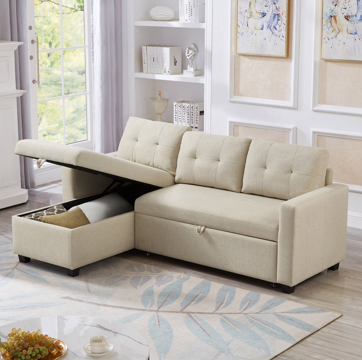 [SantaChoice] Upholstered Pull Out Sectional Sofa with Storage Chaise, Convertible Corner Couch, Beige