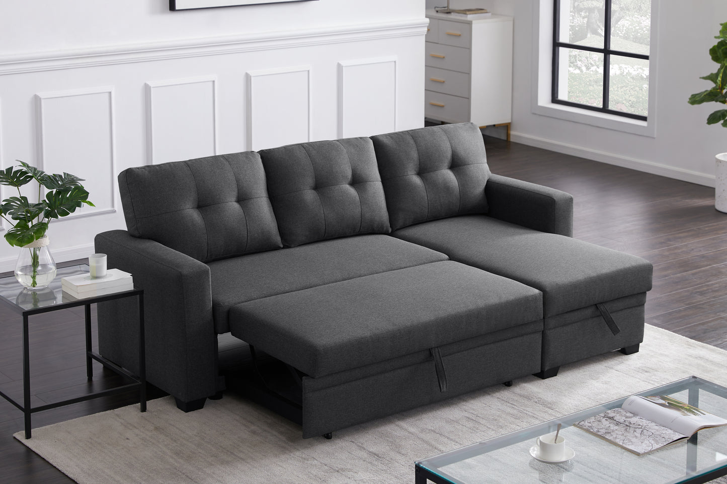 [SantaChoice] Upholstered Pull out Sectional Sofa with Chaise