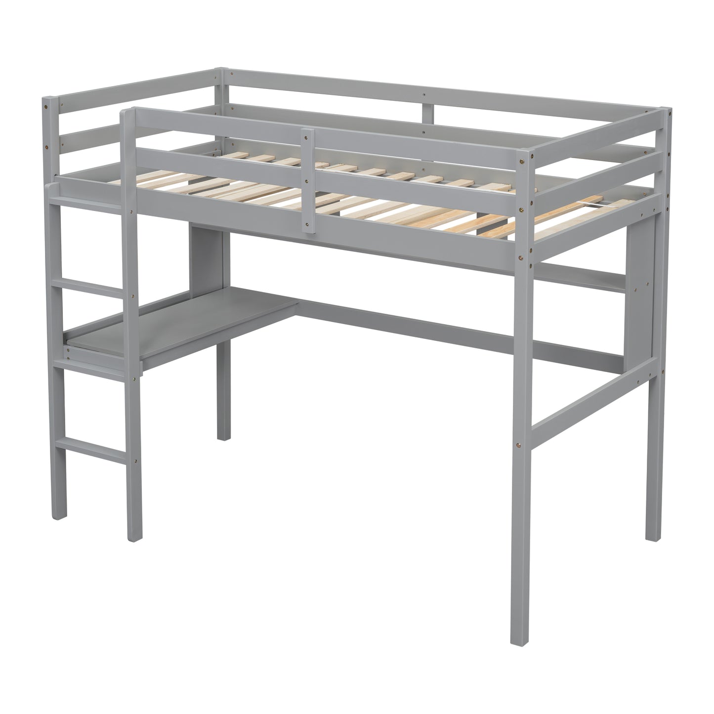 [SantaChoice] Twin Size Loft Bed with desk and shelves, Safety Guardrail and ladder,Grey