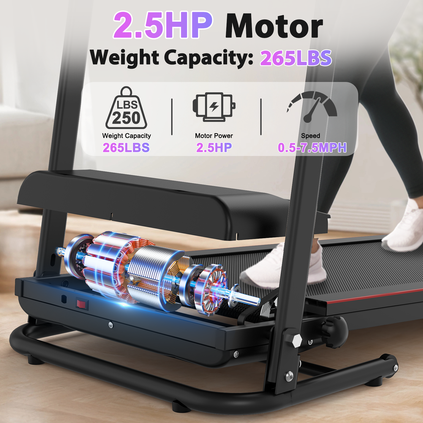 Folding Treadmill with Incline 2.5HP 12KM/H Electric Treadmill for Home Foldable, Bluetooth Music Cup Holder Heart Rate Sensor Walking Running Machine for Indoor Home Gym Exercise Fitness