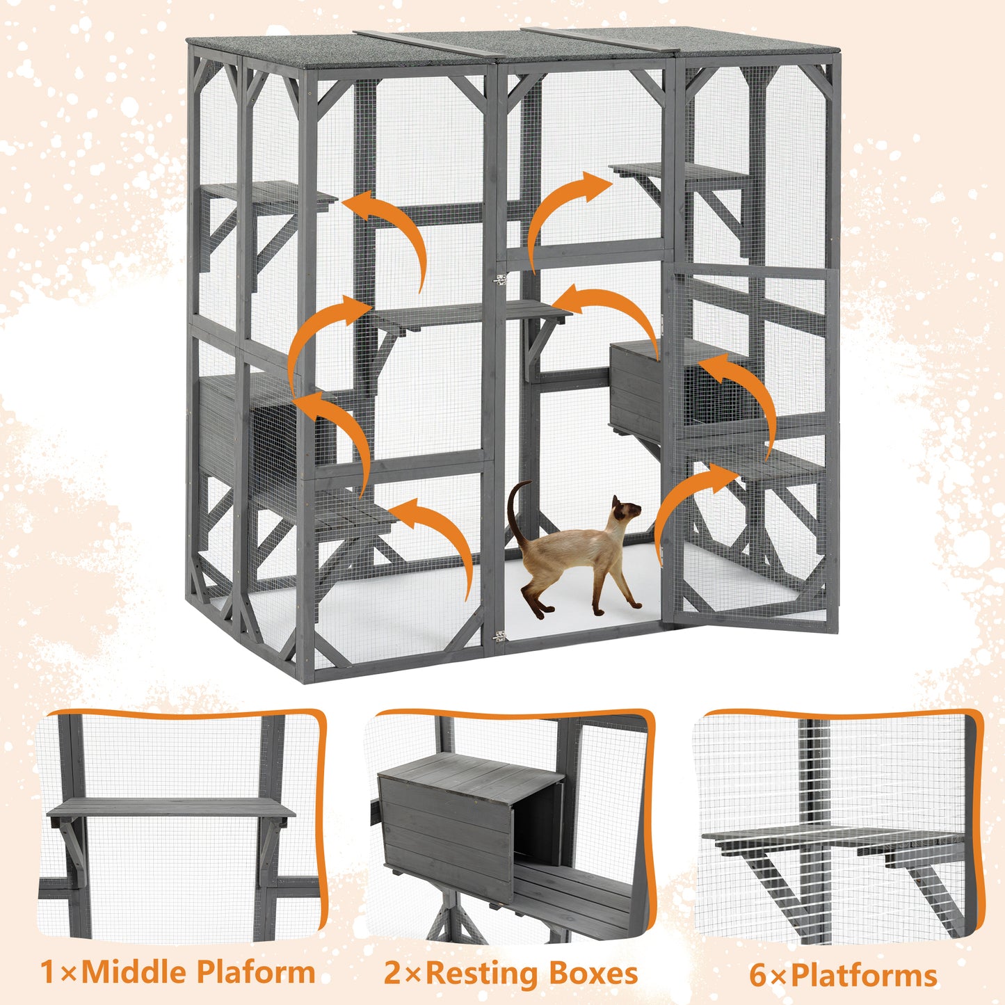 Outdoor Cat House Wooden Catio Enclosure w/Cover- Large Cat Cage with Jump Platforms and Condos, Weatherproof, Grey, 71(L)*37(W)*71(H)