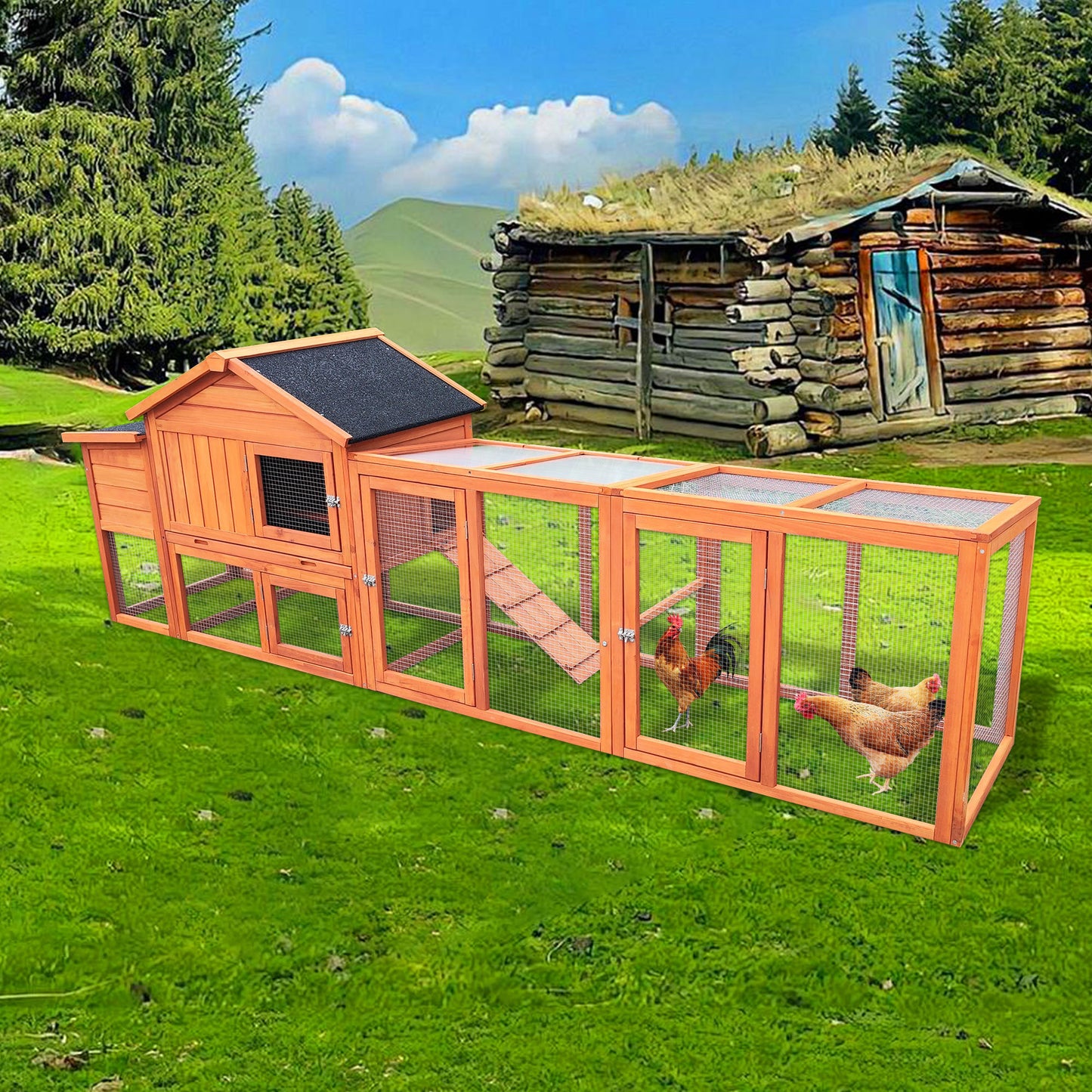 111.5" Wooden Chicken Coop, Large Outdoor Hen House with Nesting Box Poultry Cage, Rabbit Hutch Bunny Cage , Waterproof UV Panel for Outdoor Backyard