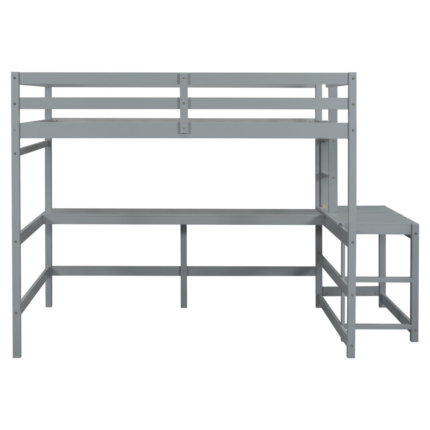 Full Size High Loft Bed with Built-in Desk, Ladder Platform, Ladders, Guardrails ,Grey