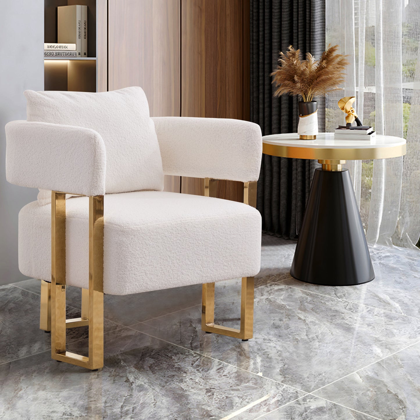 [SantaChoice] TS Modern decorative chair, living room side chair with gold metal legs, no wheels, suitable for dressing area, reception room, office,Teddy fleece upholstered metal foot sofa 1PC White