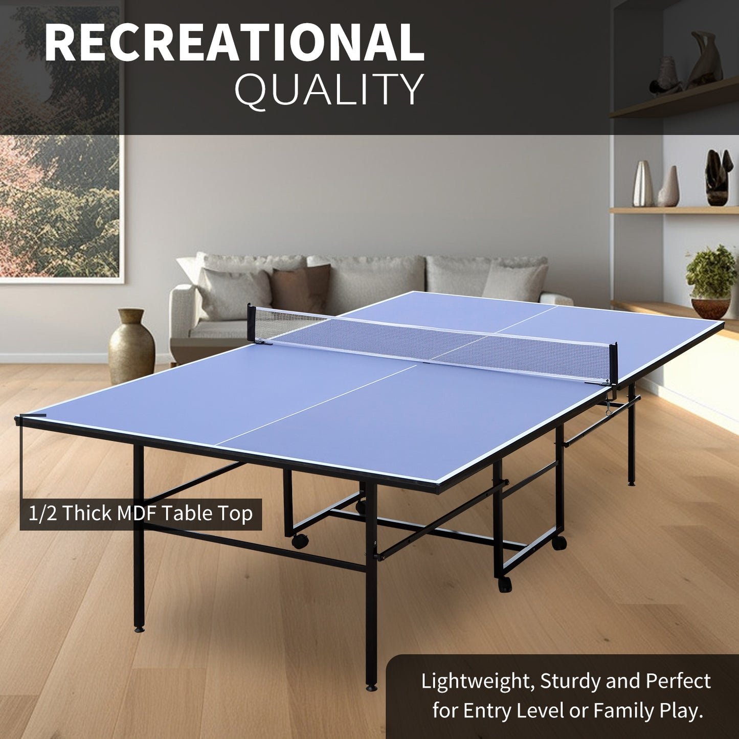 9ft Mid-Size Table Tennis Table Foldable & Portable Ping Pong Table Set for Indoor Games with Net, 2 Table Tennis Paddles and 3 Balls