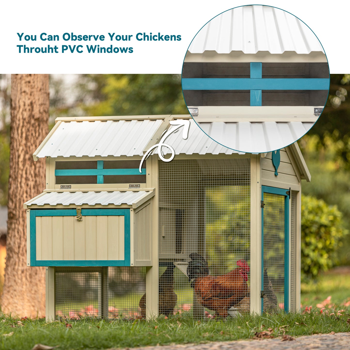 Weatherproof outdoor chicken coop with waterproof PVC roof. Outdoor chicken coop with removable bottom for easy cleaning.Large space Coop suitable for 6-8 chickens.