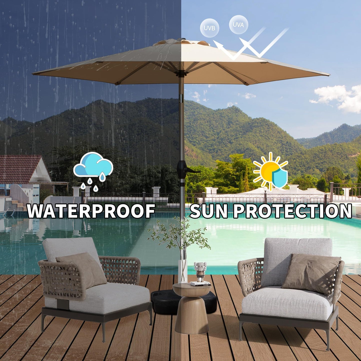 7.5FT Patio Umbrella, Outdoor Table Umbrella with Push Button Tilt and Crank, UV Protection Waterproof Market Sun Umbrella with 6 Sturdy Ribs for Garden, Deck, Backyard, Pool (Beige)