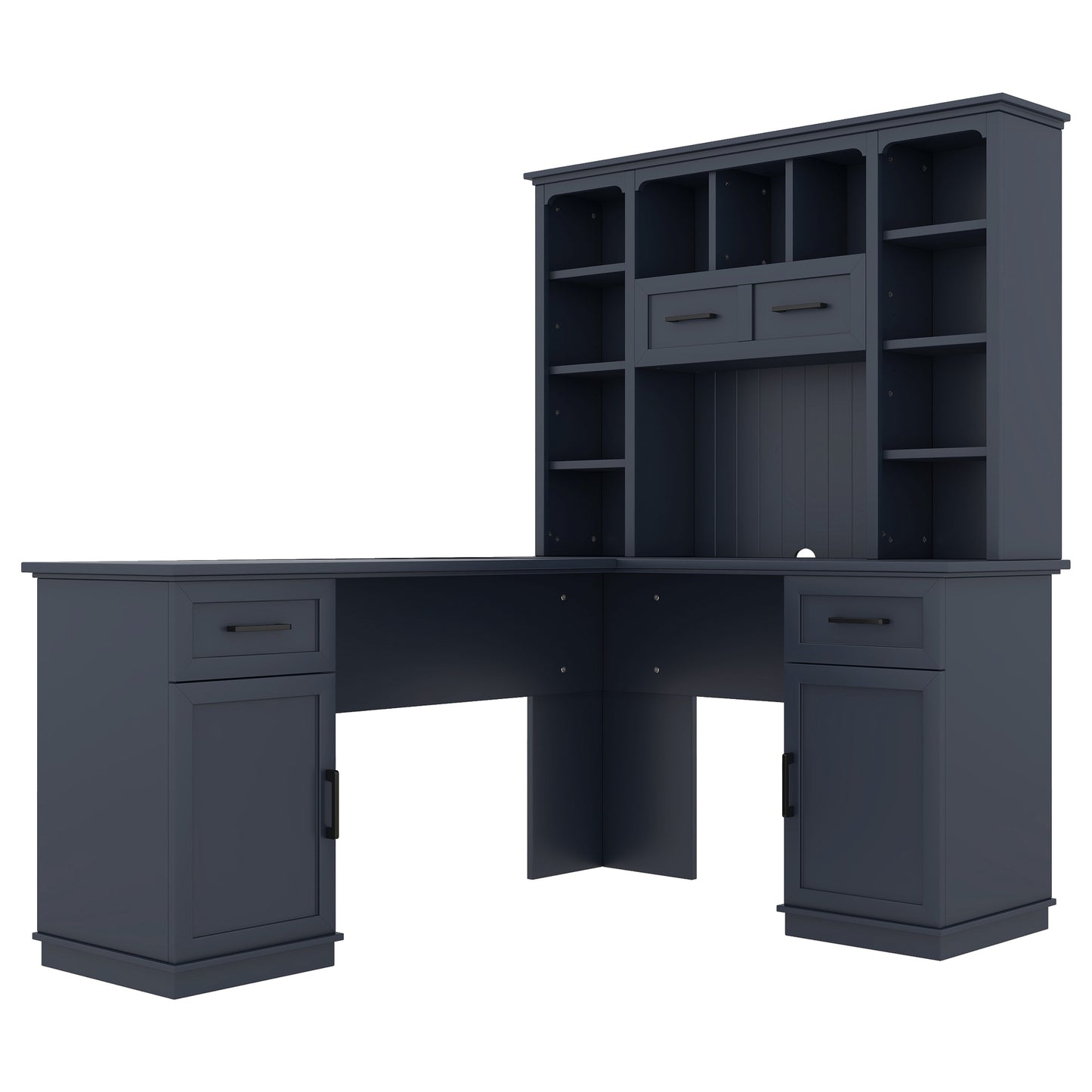 L-shaped computer desk with 2 cabinets and 2 drawers underneath the table, 11 open shelves and a flip-up shelf with storage on the right side, suitable for study, living room and office, Antique Blue