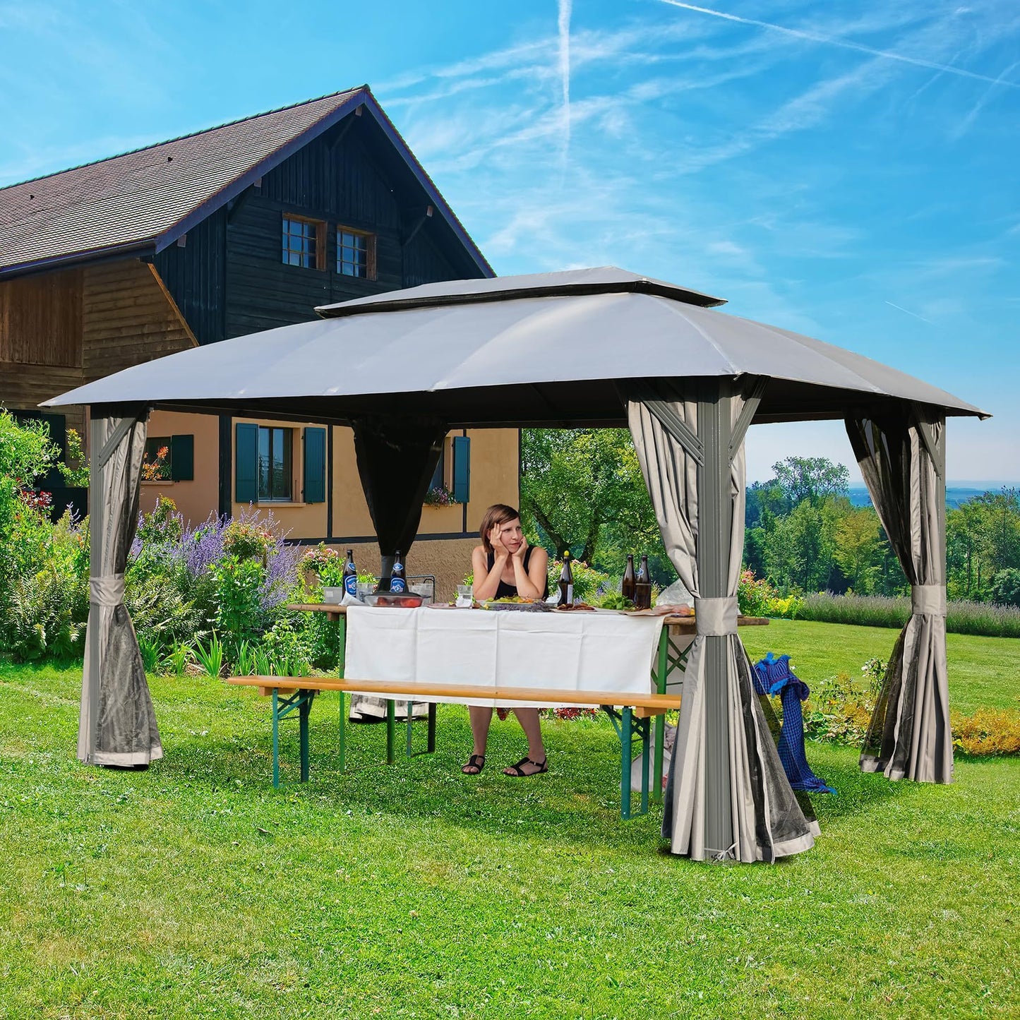 Gazebo 10x14FT, Outdoor Gazebo with Double Roofs, Privacy Curtains, Mosquito Nettings, Heavy Duty Metal Frame Party Tent Canopy for Patio, Backyard, Deck, Lawn, Grey