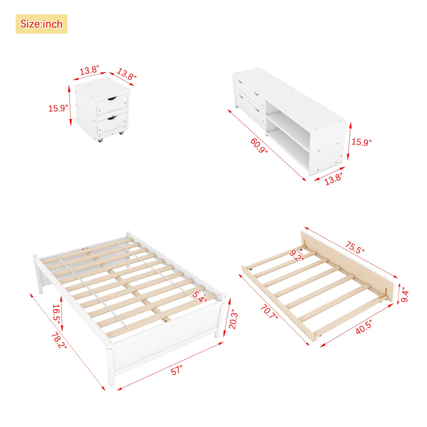 Full Size Storage Bed , Solid Wood Bed with Trundle, Under bed Storage Box of 2 Drawers, Shelves, and Nightstand ,White