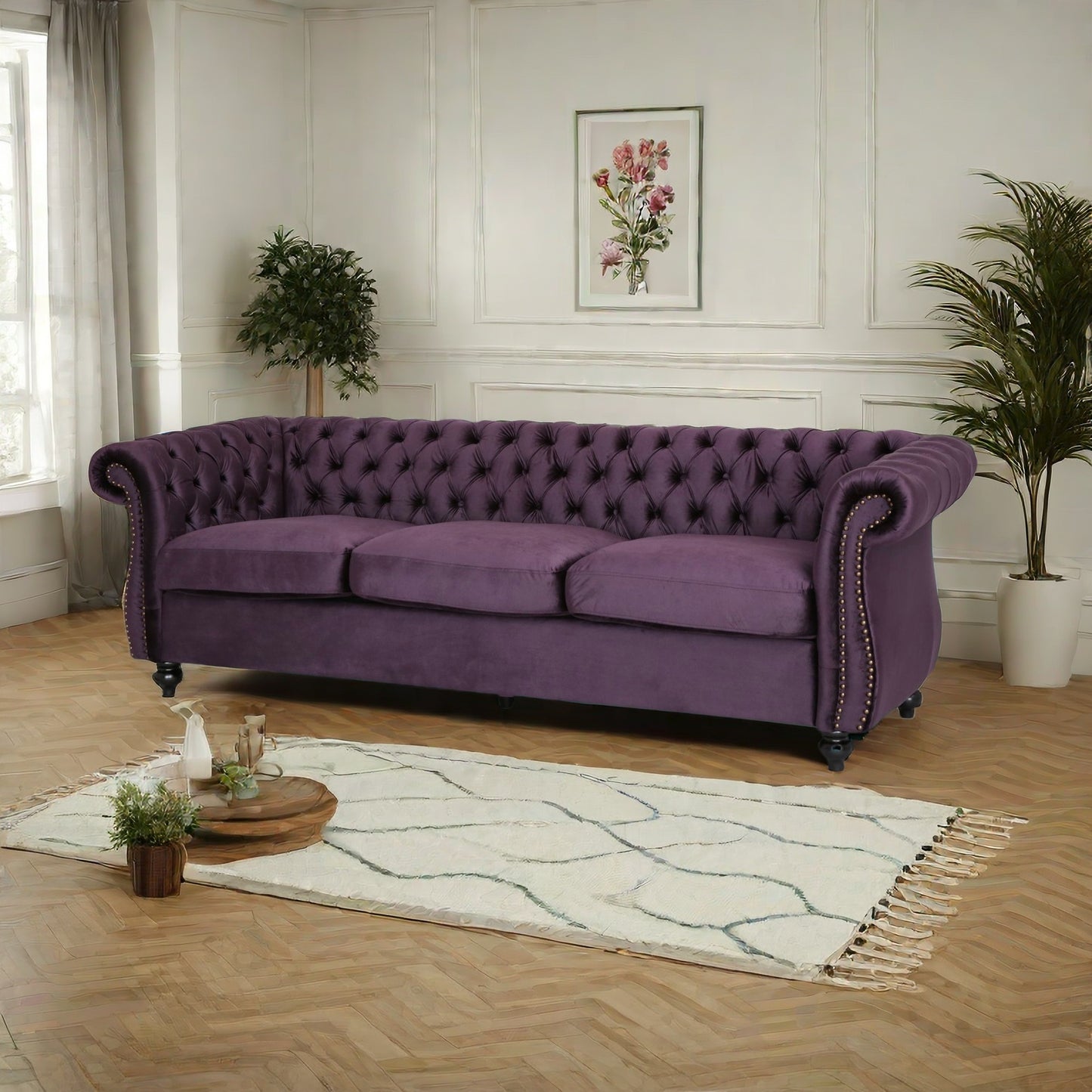 [SantaChoice] Luxurious 3-Seater Purple Velvet Sofa, Featuring a Classic Design with Modern Elegance, Perfect for Adding Sophistication and Style to Any Living Room, Plush Comfort and Durable Craftsmanship