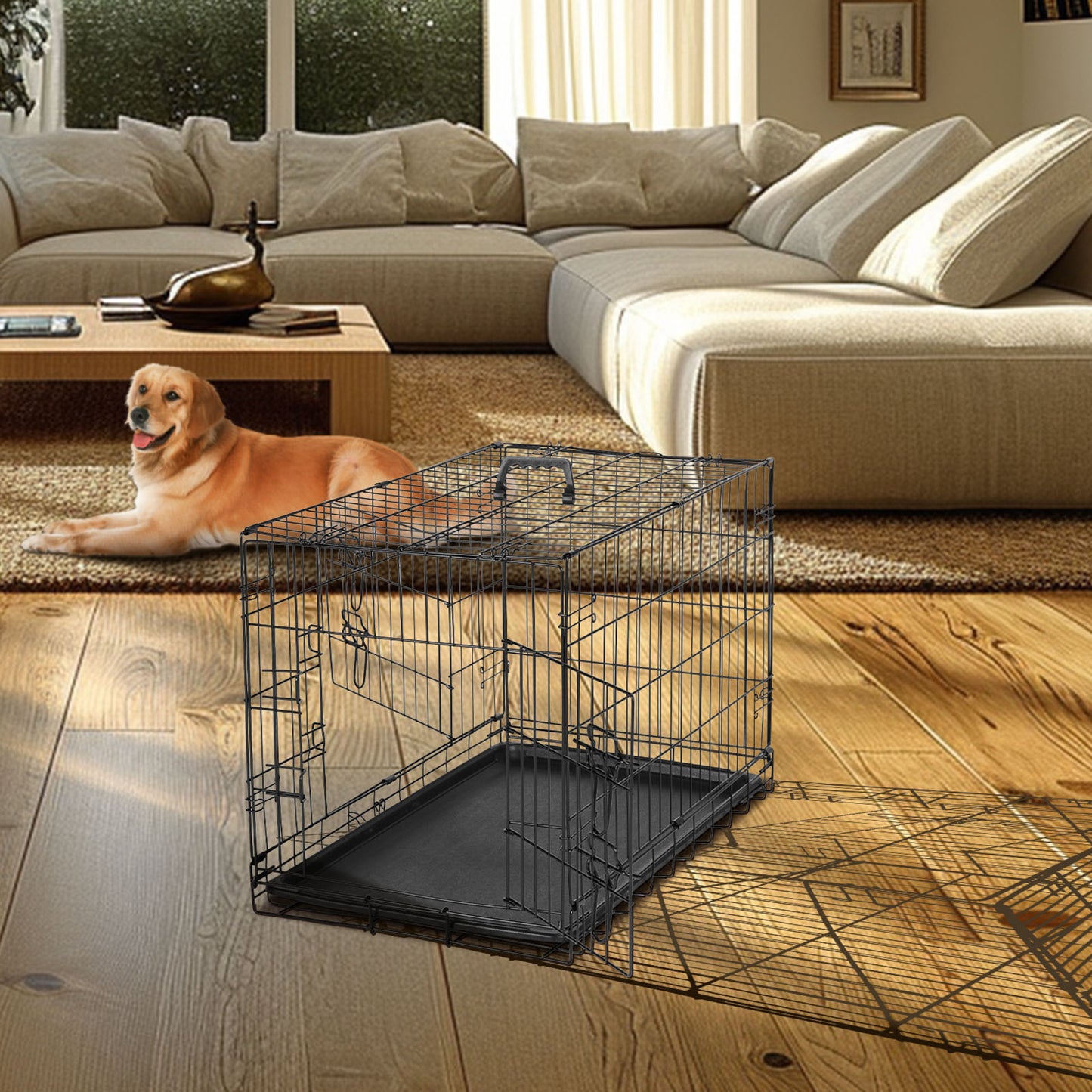 Dog Crate with Divider Panel,30 Inch Double Door Folding Metal Wire Dog Cage with Plastic Leak-Proof Pan Tray, Pet Kennel for Indoor