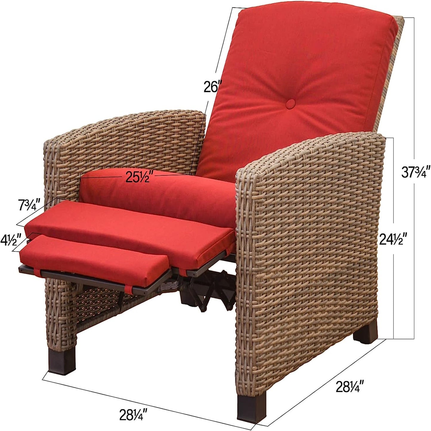 Indoor & Outdoor Recliner, All-Weather Wicker Reclining Patio Chair, Red Cushion (Red,1 Chair)