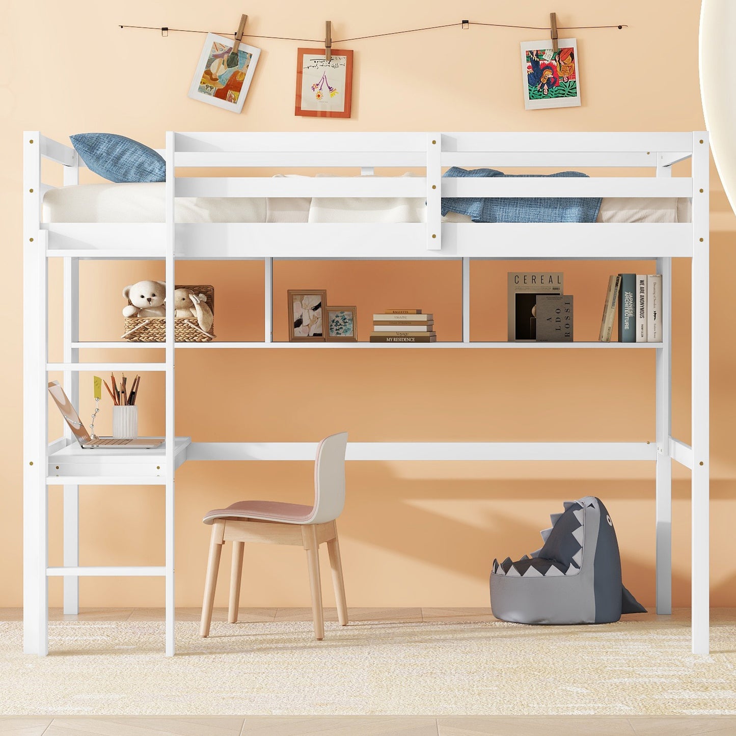 Twin Size Loft Bed with desk and shelves, Safety Guardrail and ladder,White