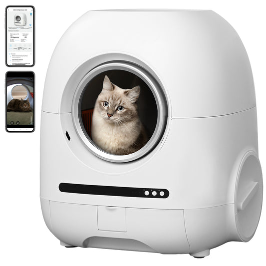 Self-cleaning cat litter box, 68L+9L, suitable for a variety of cat litter, APP control, real-time video, photo and video, safe and reliable, ionic deodorization, with exhaust hose, support WiFi