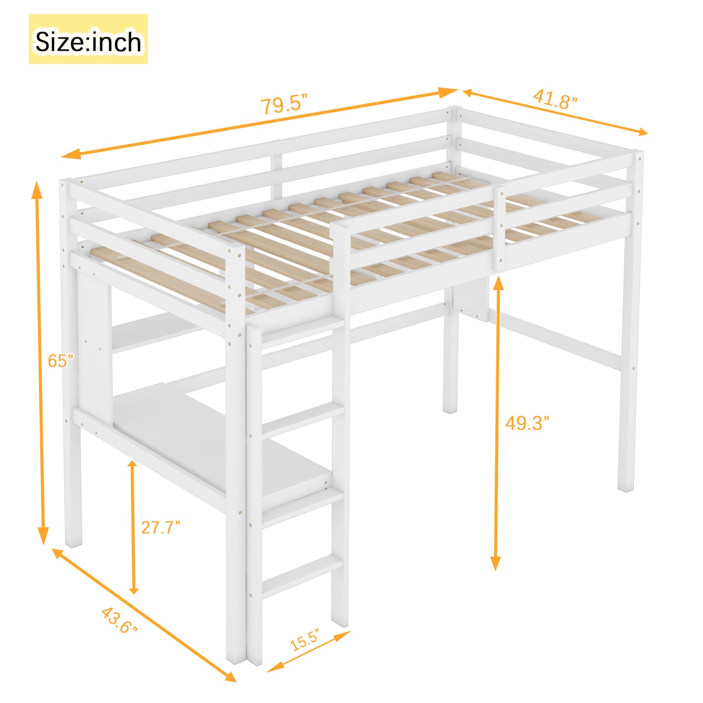 Twin Size Loft Bed with desk and shelves, Safety Guardrail and ladder,White