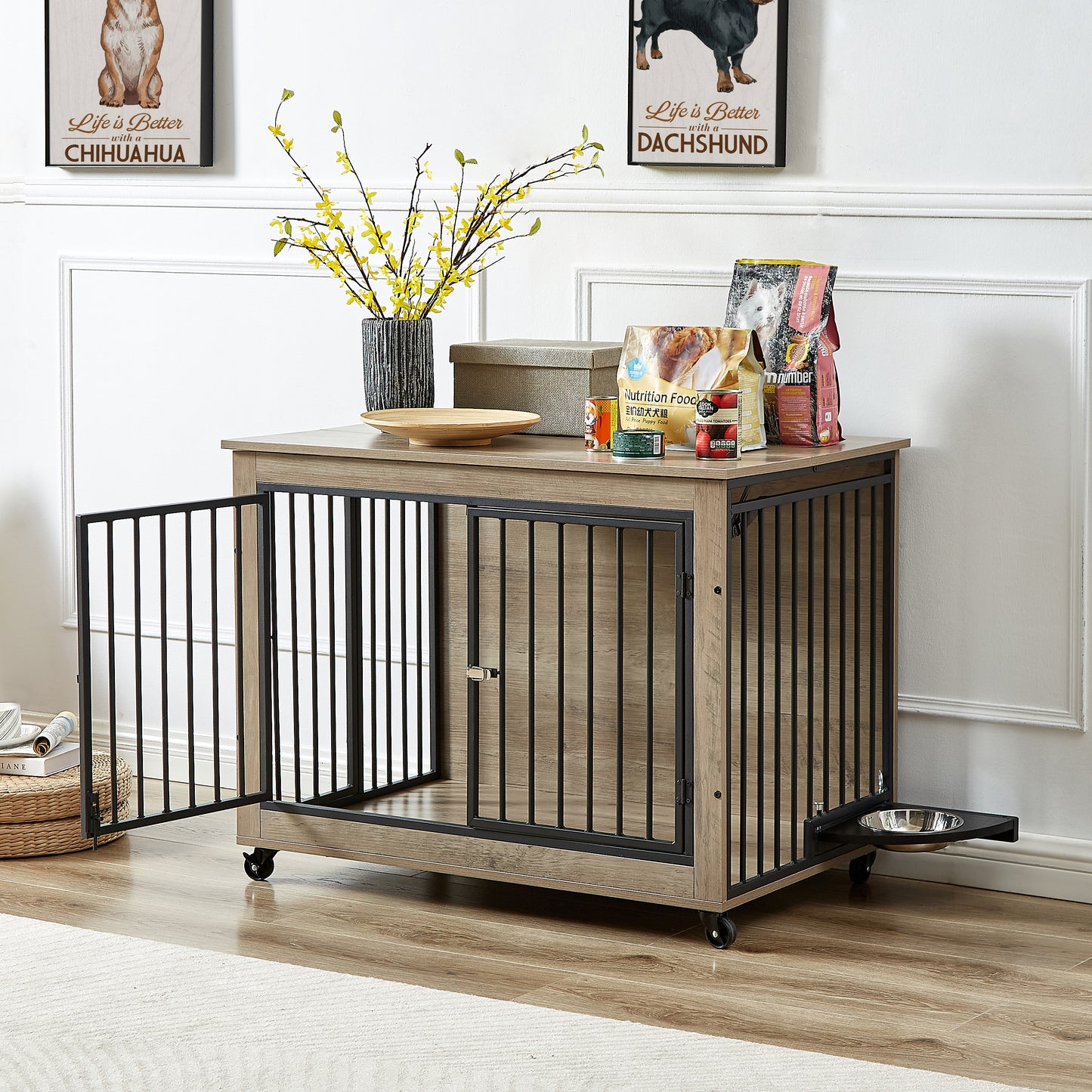 Furniture Style Dog Crate Side Table With Rotatable Feeding Bowl, Wheels, Three Doors, Flip-Up Top Opening. Indoor, Grey, 38.58"W x 25.2"D x 27.17"H