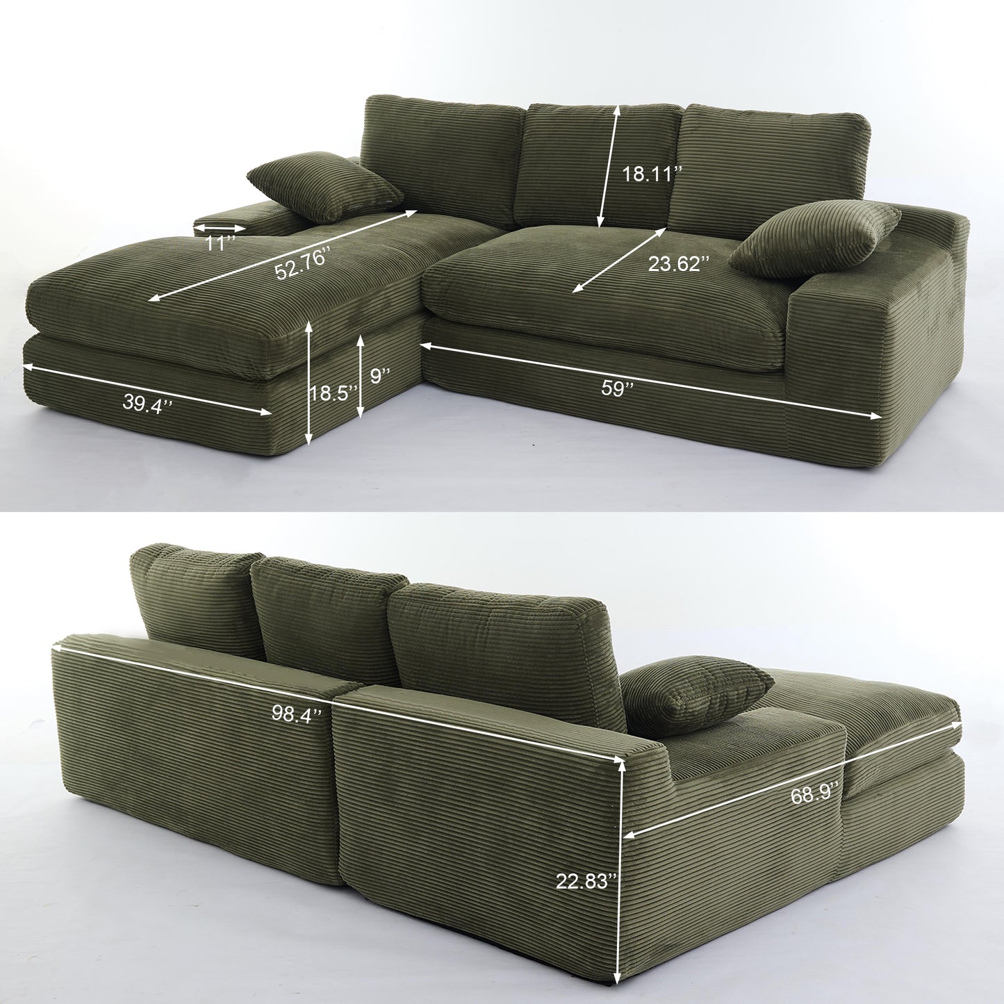 [SantaChoice] 99*69" Modular Sectional Living Room Sofa Set, Modern Minimalist Style Couch, Upholstered Sleeper Sofa for Living Room, Bedroom, 2 PC Free Combination, Installation-free Sofa, L-Shape, Army Green