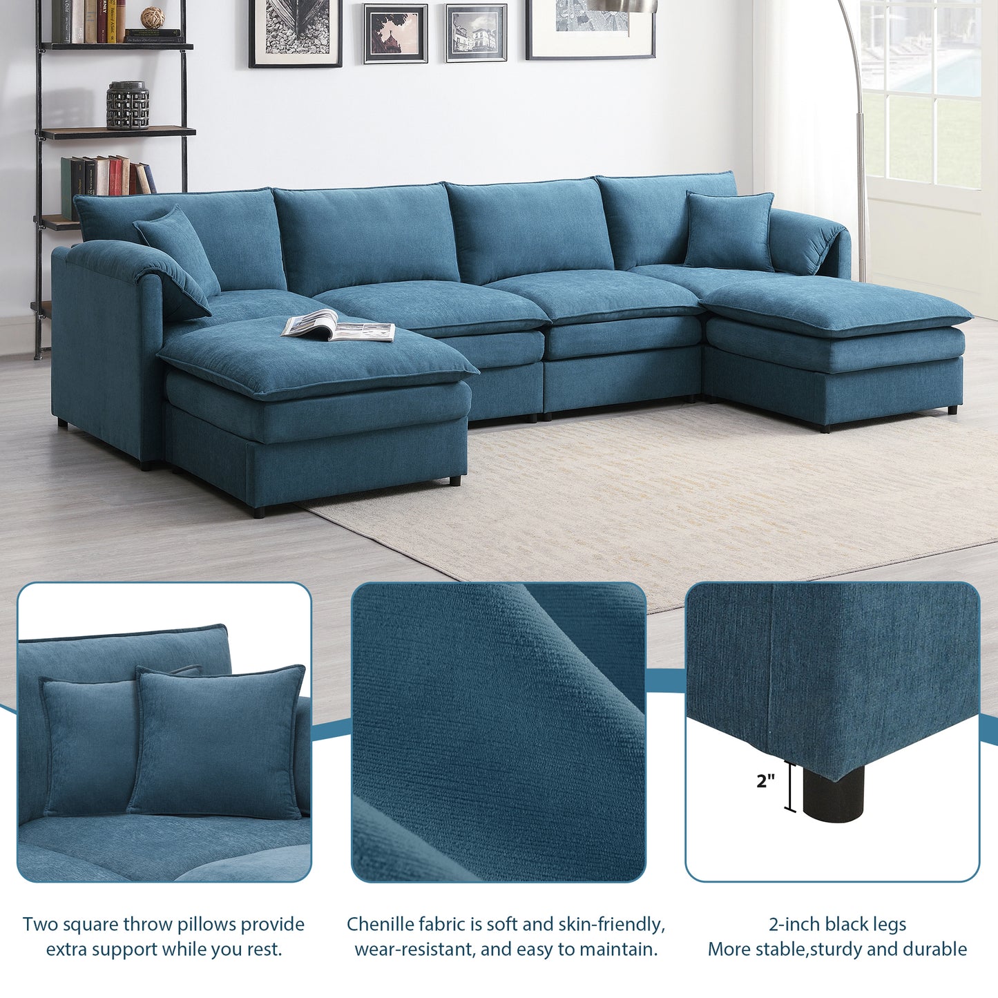 [SantaChoice] 134x66" Chenille Modular Sectional Sofa,U Shaped Cloud Couch Set with Double Cushions ,6 Seat Sleeper Sofa Bed with Ottomans,Oversized Indoor Furniture for Living Room, 3 Colors