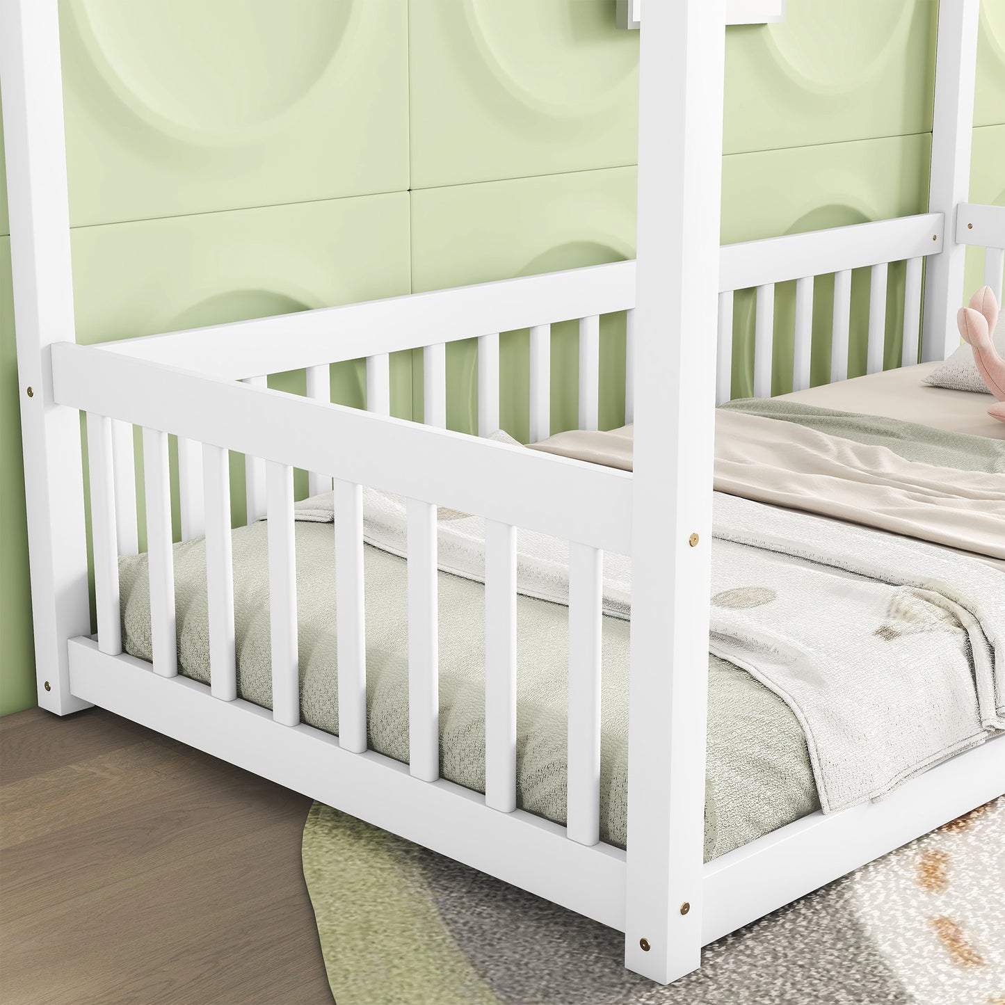 Twin Size Canopy Frame Floor Bed with Fence, Guardrails,White