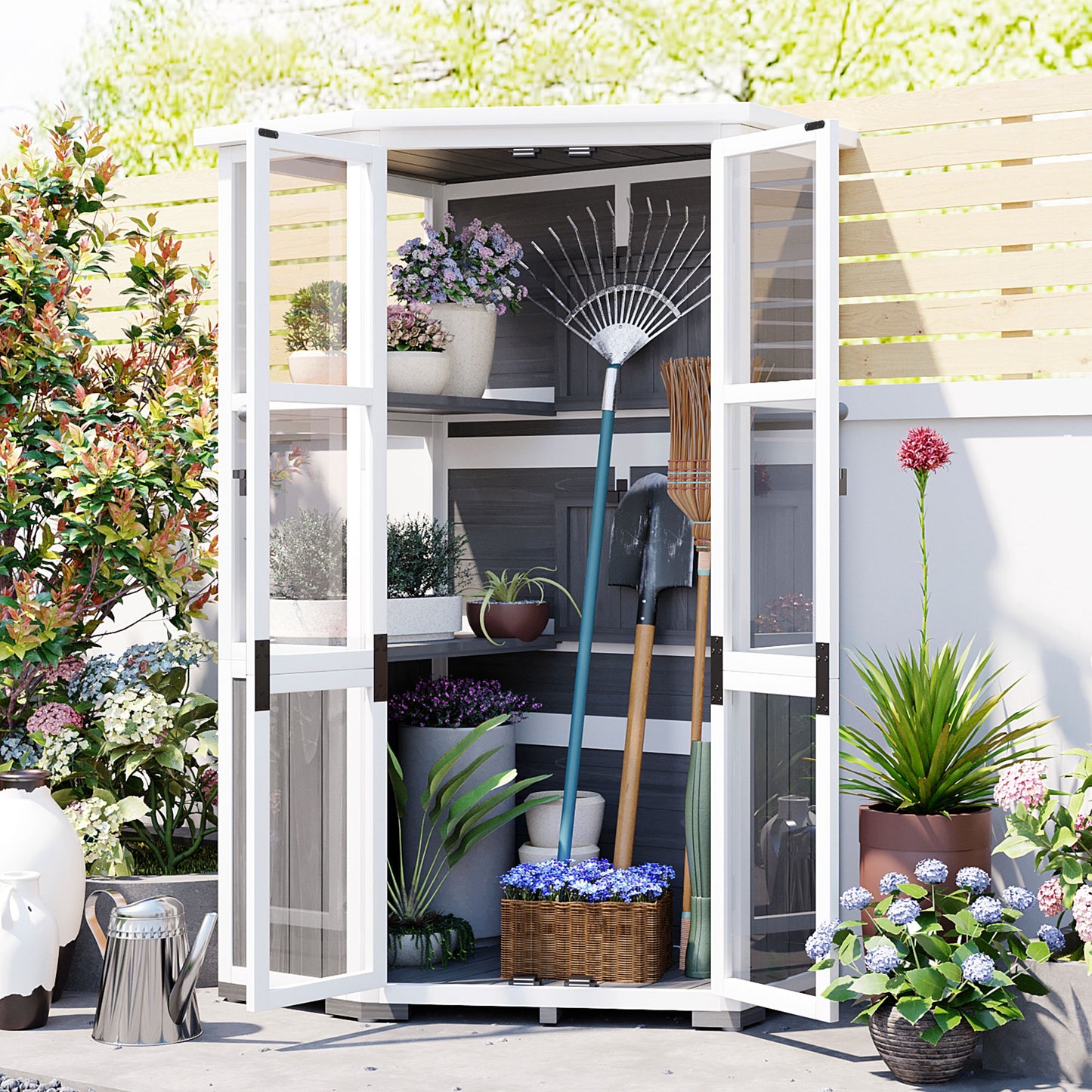 [Assembly Video Product] TOPMAX 63'' Height Garden Wood Storage Cabinet Outdoor Tool Storage Shed, Mini Greenhouse Cold Frame with Waterproof- Roof and Lockable Door for Backyard,Patio, Lawn, Gray