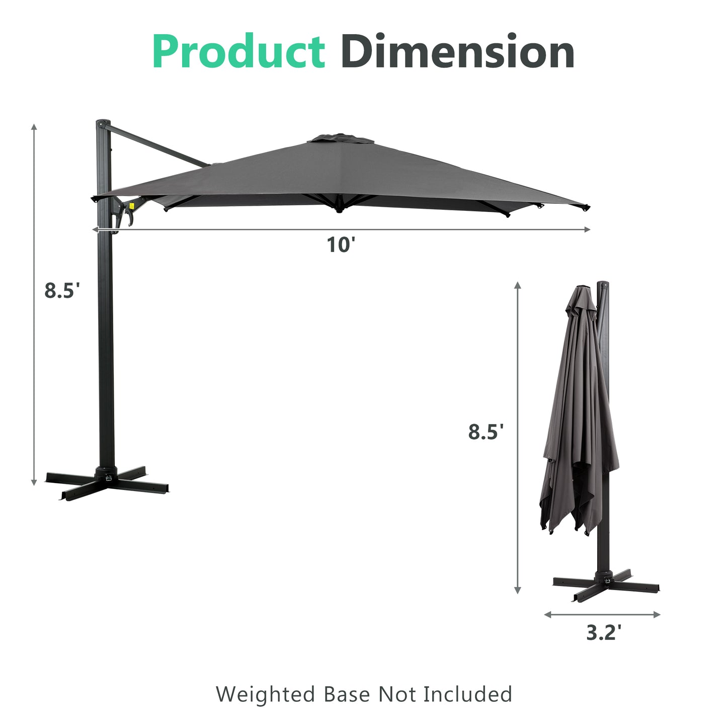 10 FT Cantilever Patio Umbrella with 360° Rotation & Tilt Adjustment, Square Outdoor Offset Umbrella with Aluminum Pole - Grey