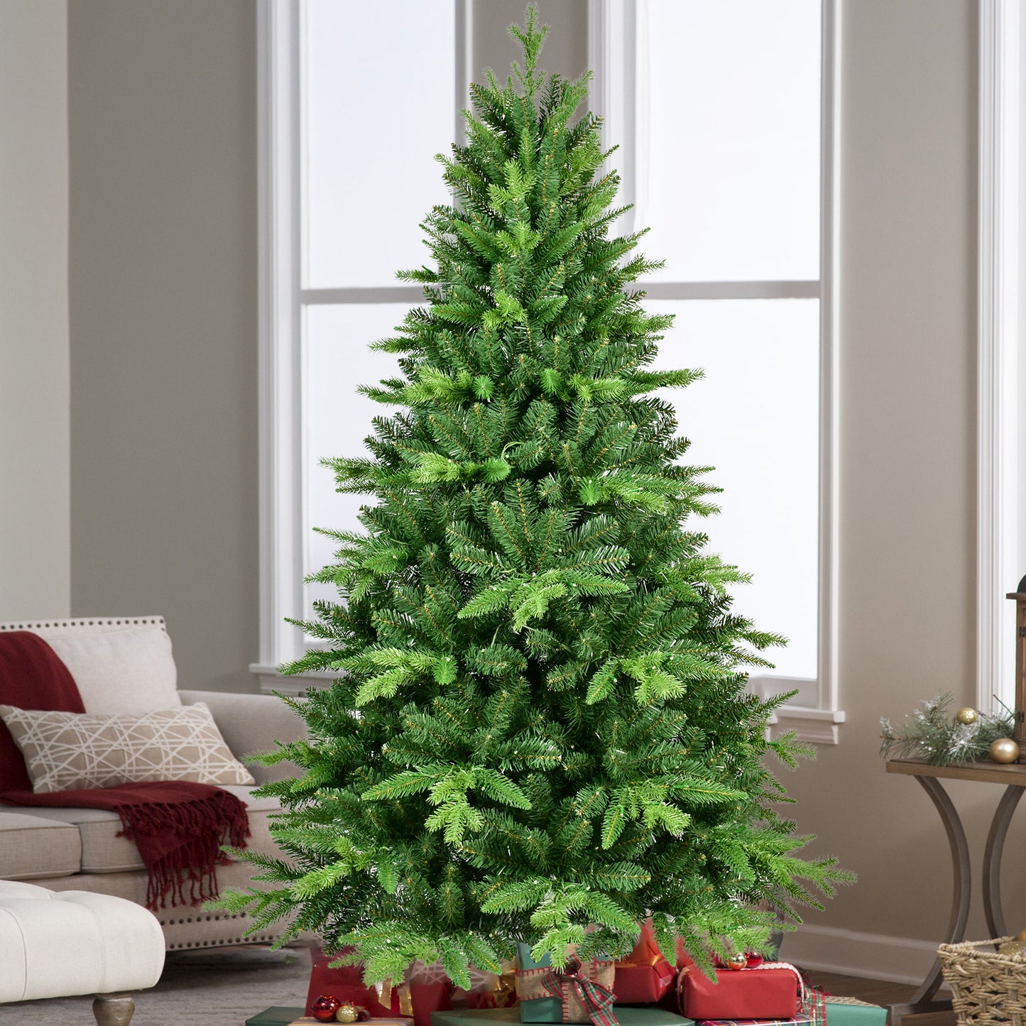 7FT PE And PVC Christmas Tree with Lights, Unique Christmas Tree Prelit with 1692 Branch Tips,450 Warm White LEDs and Metal Stand, Aritificial Christmas Tree