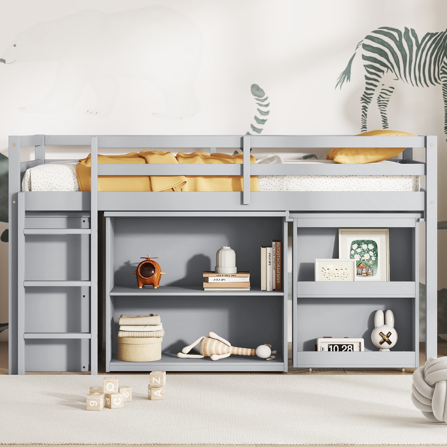 Twin Loft Bed with ,Drawer Cabinet, Shelf Cabinet and Pulling -Out Desk,Rubber Wood Loft Bed with Safety Guardrail ,Ladder,Grey