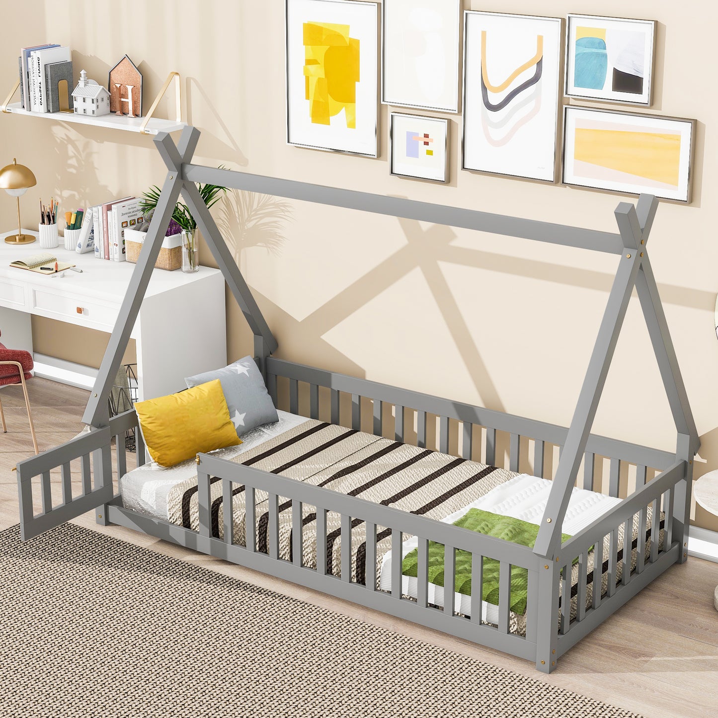 Twin Tent-shaped Floor Bed, with Guardrails, Slats, Door ,Grey