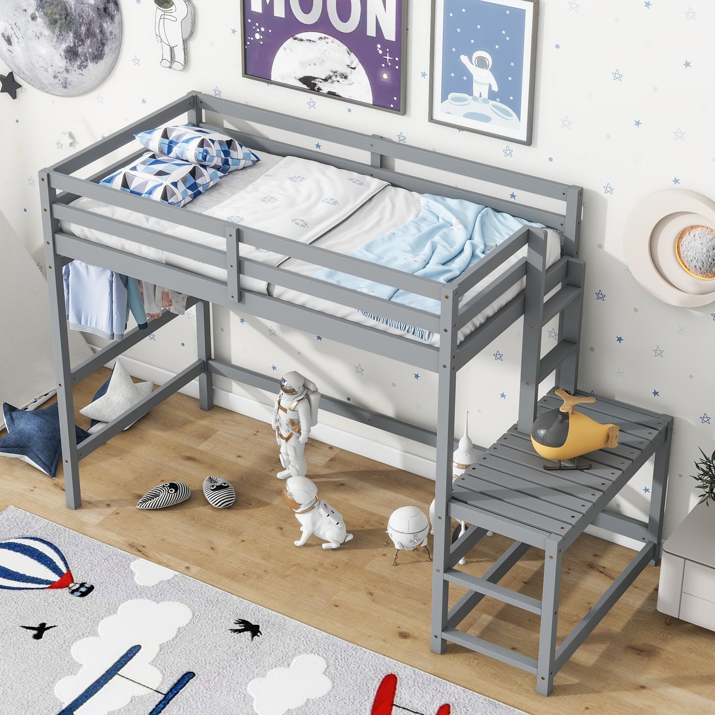 Twin Size High Loft Bed with Ladder landing Platform, Ladders, Guardrails,Grey