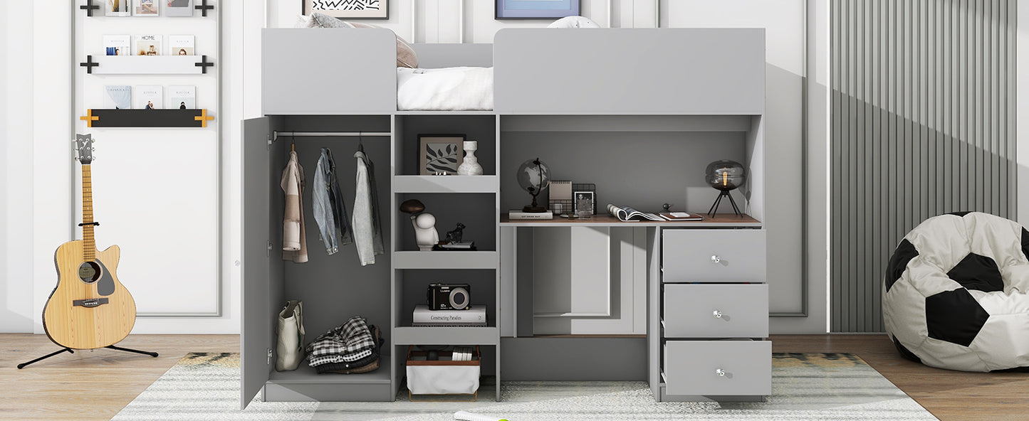 Wood Full Size Loft Bed with Built-in Wardrobe, Desk, Storage Shelves and Drawers, Grey